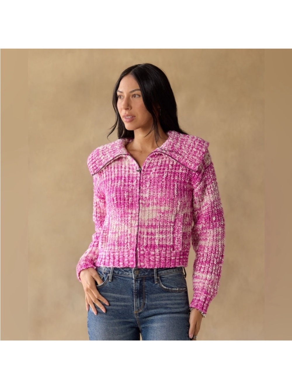 Sundance Tamara zip up cardigan sweater in hot pink cream xxl new with tags